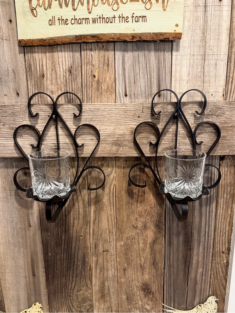 Pair of Vintage Black Scroll Wall Sconce with Rocks Glass Candle Holders